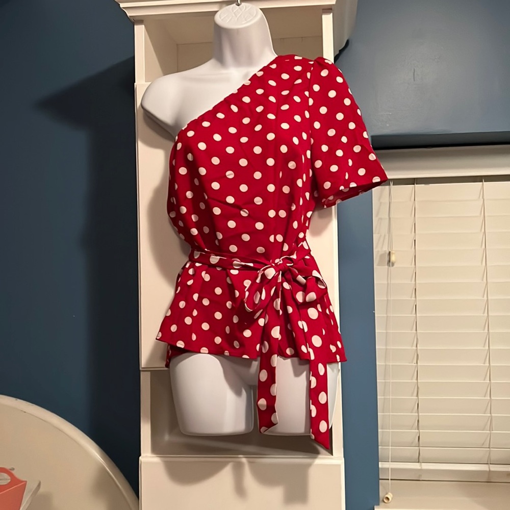 Red and white polkadot blouse